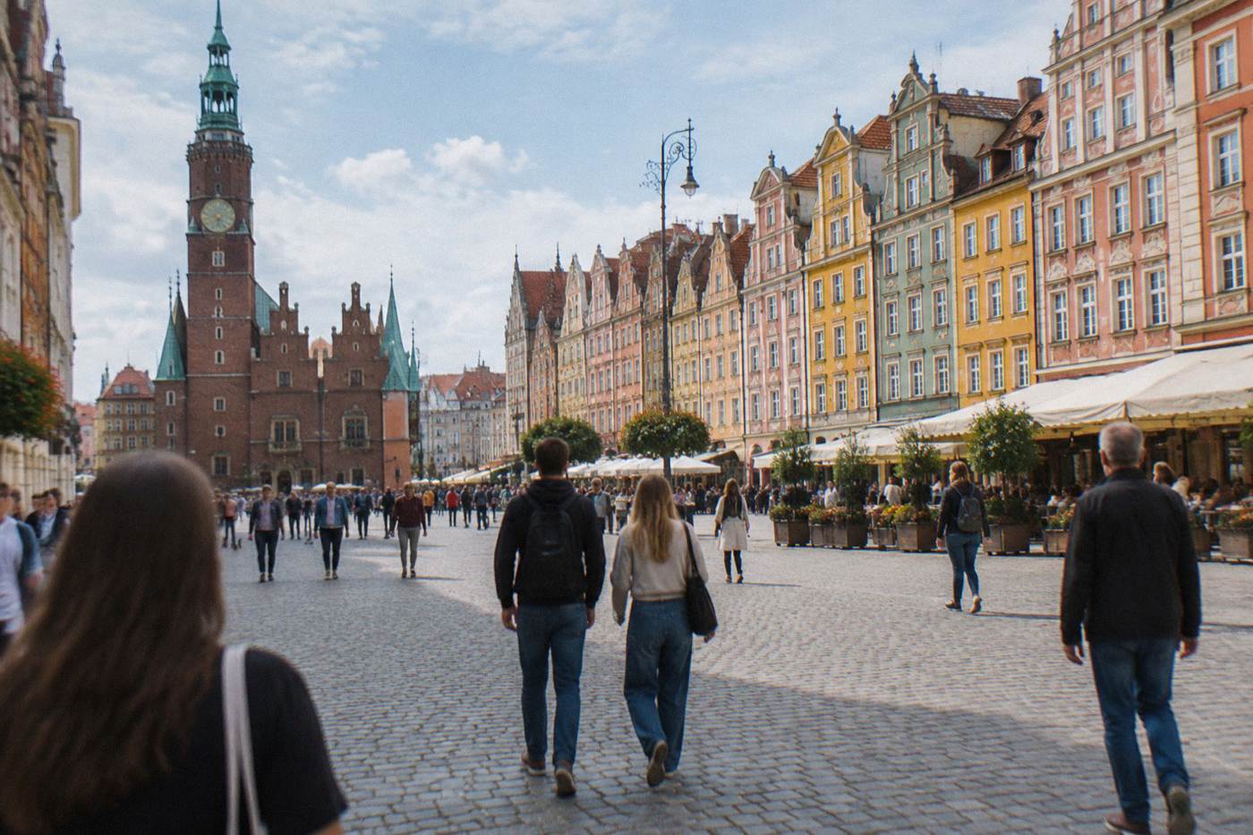 People strolling across a large open market square lined with colorful townhouses on a sunny afternoon