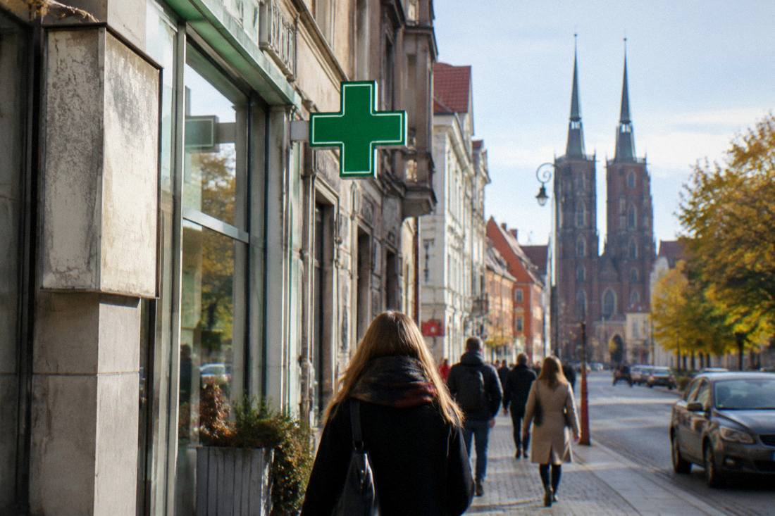 A green cross pharmacy sign above a storefront on a bright city street