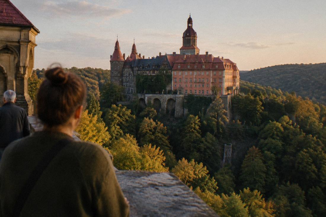 Ksiaz Castle rising above forested hills near Walbrzych in Lower Silesia