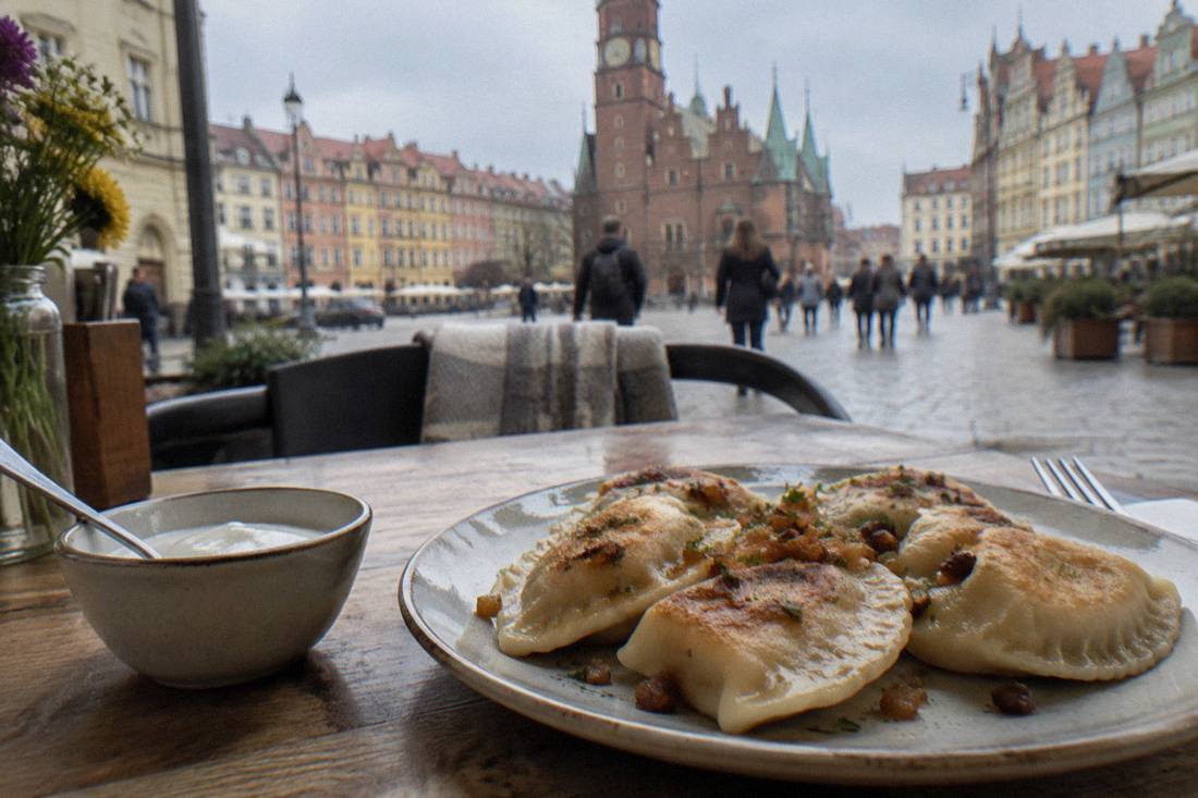 Traditional Polish pierogi served on a plate in a Wroclaw restaurant