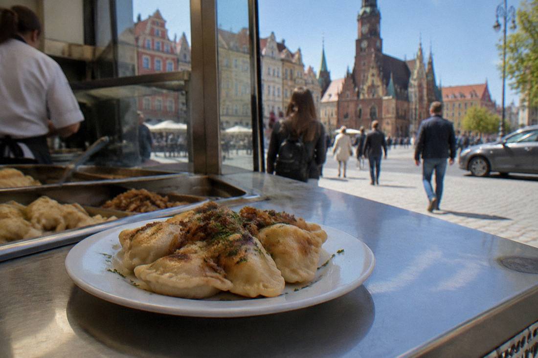 A plate of pierogi dumplings on a cafeteria counter in Wroclaw
