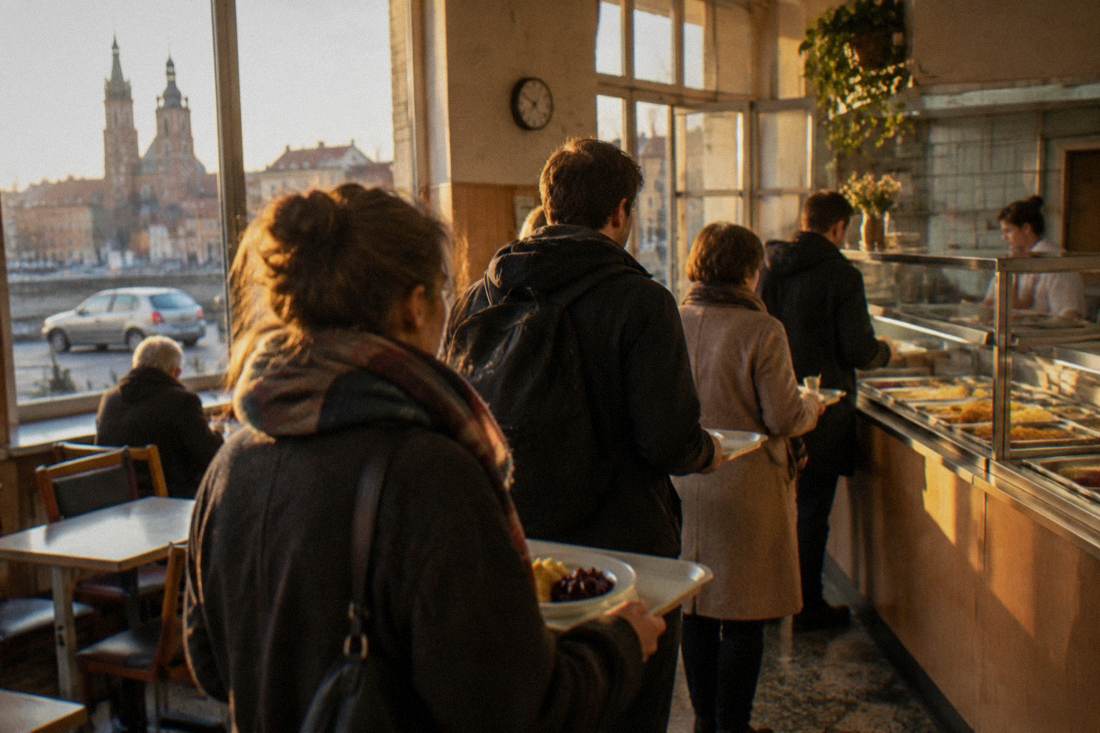 Customers queuing with trays at a traditional Polish milk bar cafeteria