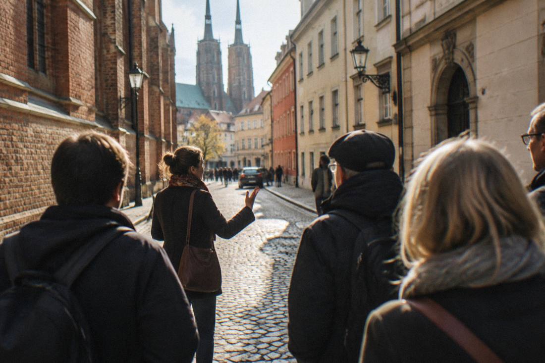 A guide leading a small group of visitors through a narrow Old Town street in Wroclaw