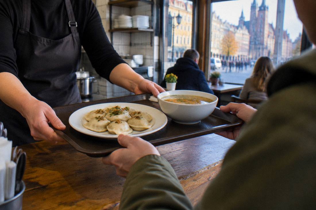 A tray of Polish dumplings and soup handed over a counter in a small Wroclaw eatery