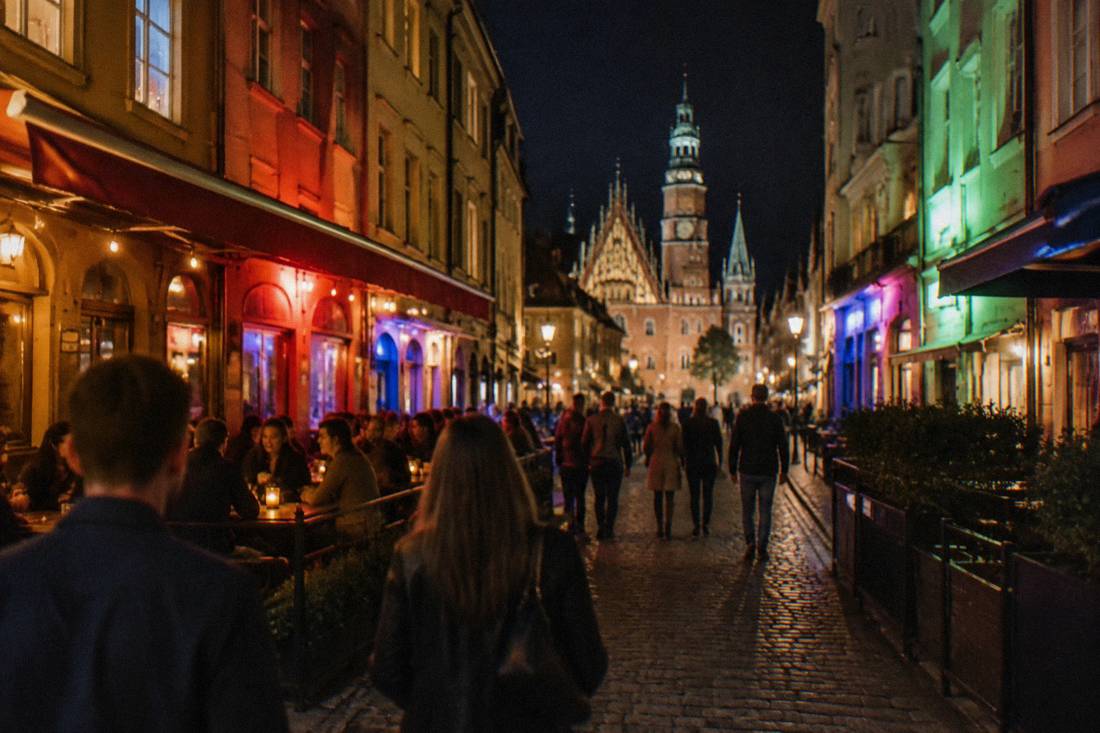 A narrow bar street near the Wroclaw Market Square lit by signs at night