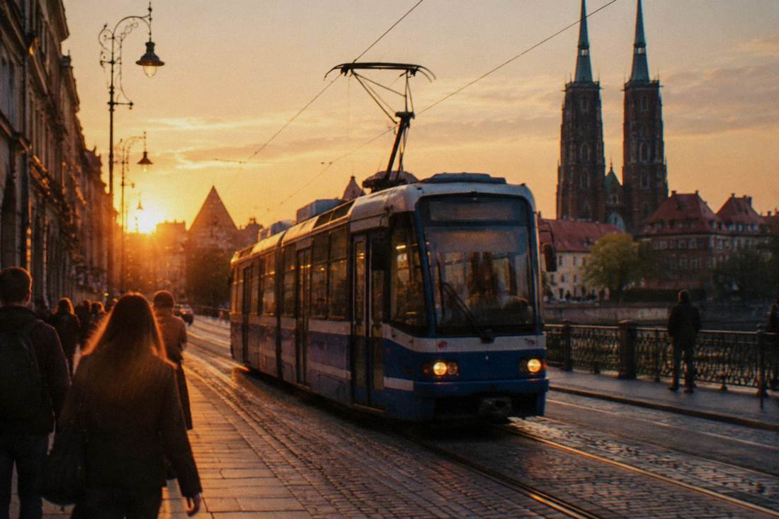 A Wroclaw tram moving through a lit street in the evening