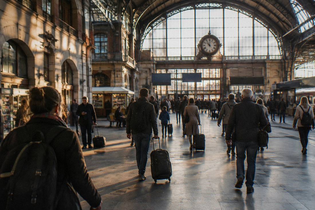 The main hall of a large Polish railway station with travelers walking through