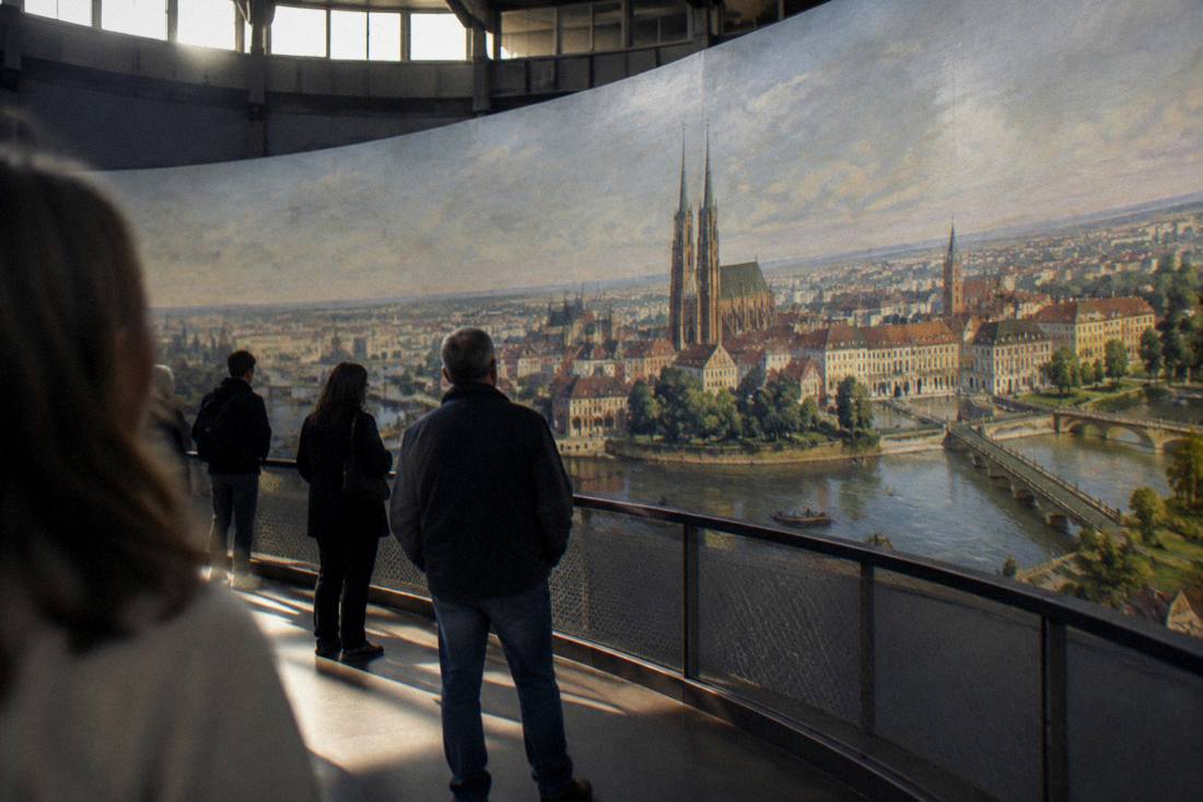 Visitors looking at a large painted cylindrical panorama inside a museum rotunda