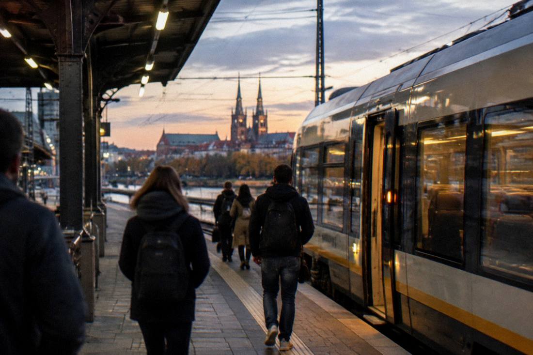 A railway platform at dusk with a train ready to depart under station lights
