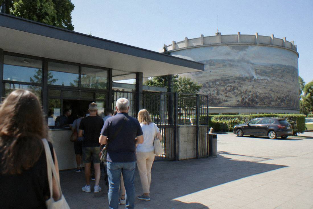 Visitors buying tickets at the entrance pavilion of the Panorama Raclawicka in Wroclaw