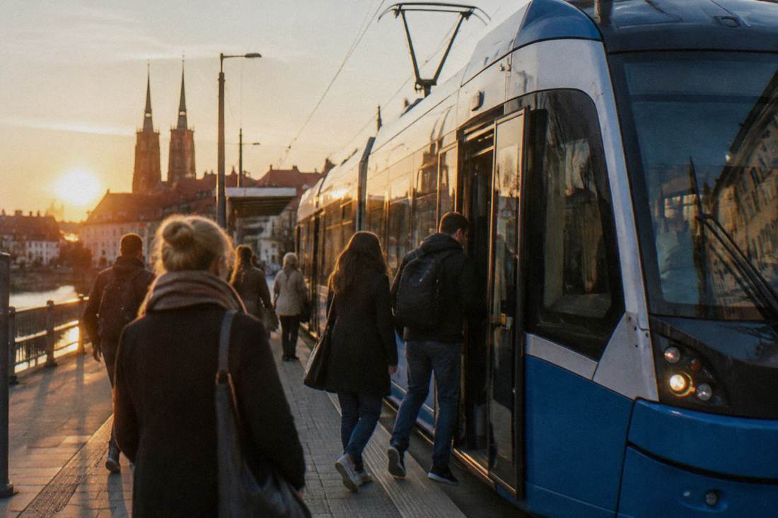 A modern Wroclaw tram at a stop with passengers boarding in the late afternoon