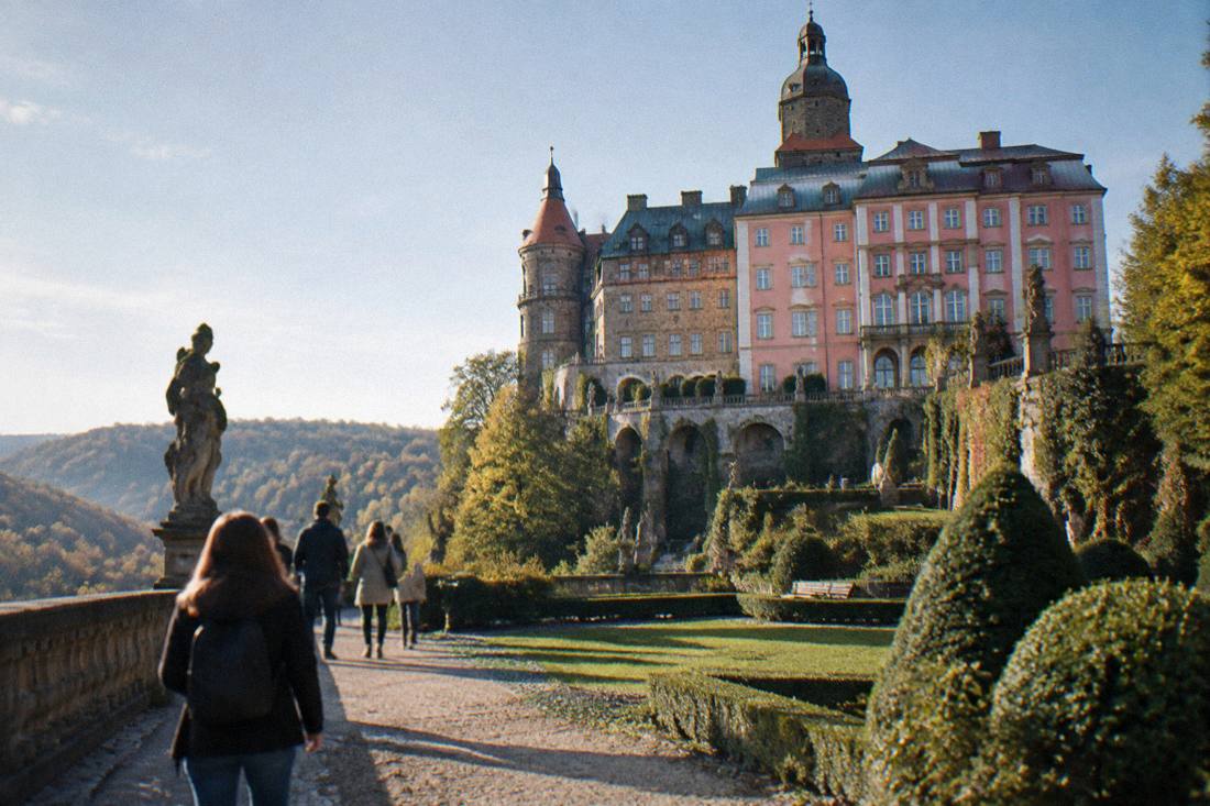 The large terraced facade of Ksiaz Castle above its gardens in Walbrzych
