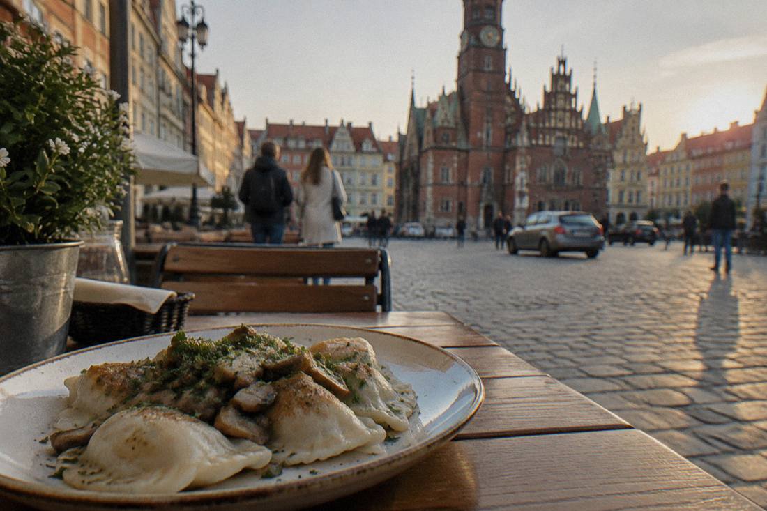 A plate of pierogi dumplings with mushroom filling garnished with herbs