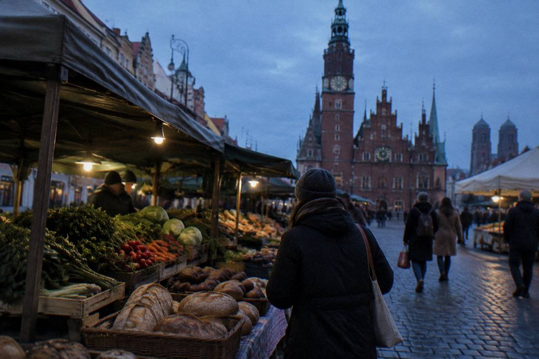 A market stall with fresh vegetables and bread on display