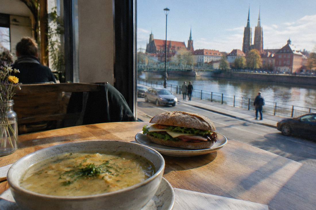 A bowl of soup and a sandwich on a wooden cafe table by a window