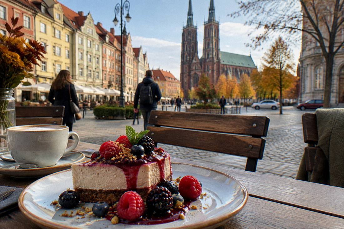 A vegan dessert plate with fresh berries served at a Wroclaw restaurant table