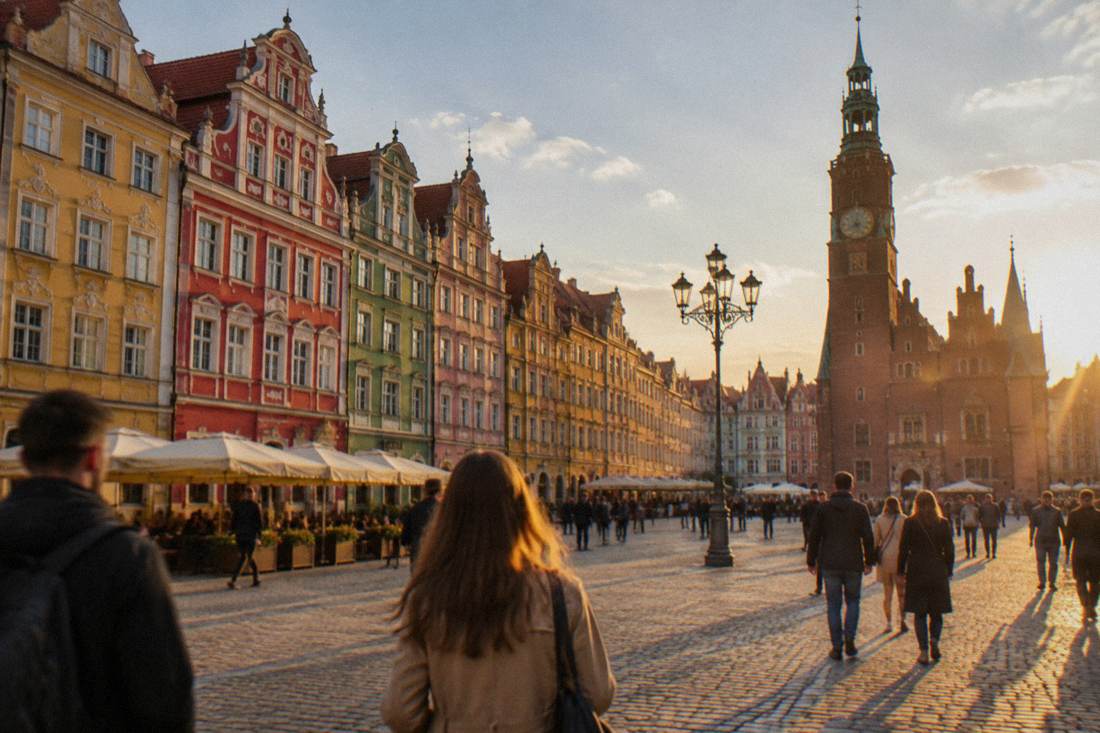 Colorful facades of merchant houses lining the market square in Wroclaw on a bright day