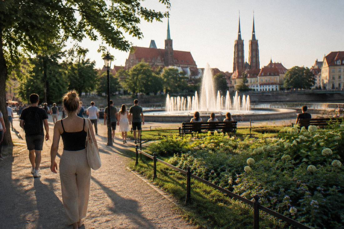 Sunlit park paths and a fountain in central Wroclaw on a warm summer afternoon