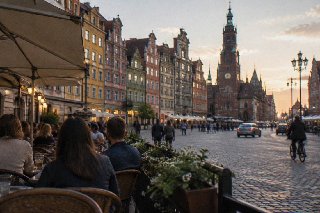 A cafe terrace along the painted facades of the Wroclaw old town square at dusk