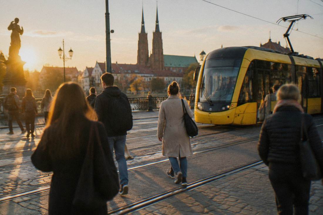 Visitors crossing a tram line in central Wroclaw beside a yellow modern tram