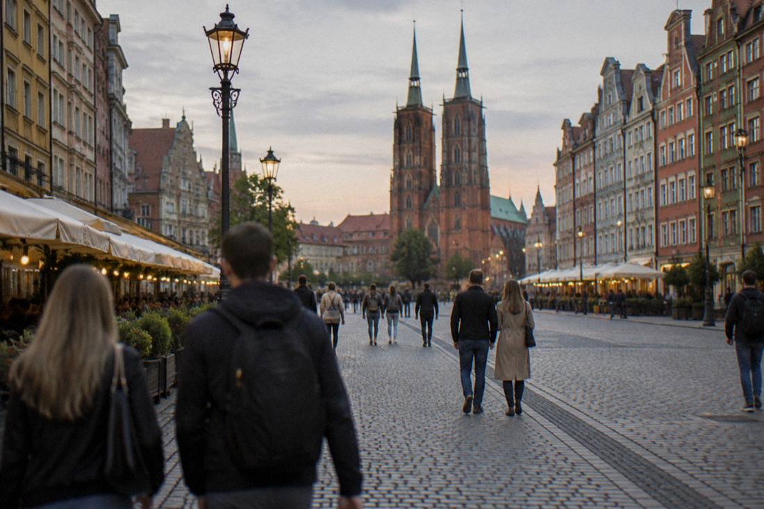 People strolling on the cobbled lanes of Wroclaw's old town in the early evening