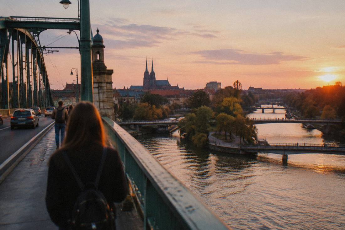 The Odra river in Wroclaw with bridges connecting the river islands at dusk