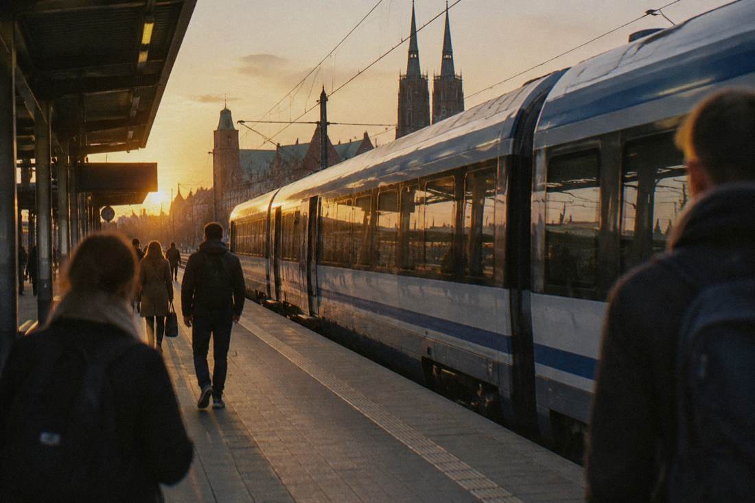 A modern intercity train waiting at a platform in a Polish railway station
