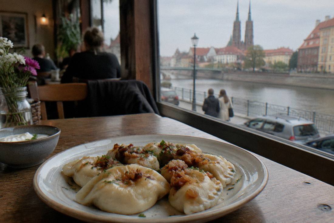 A plate of pierogi on a wooden table in a cozy Wroclaw restaurant