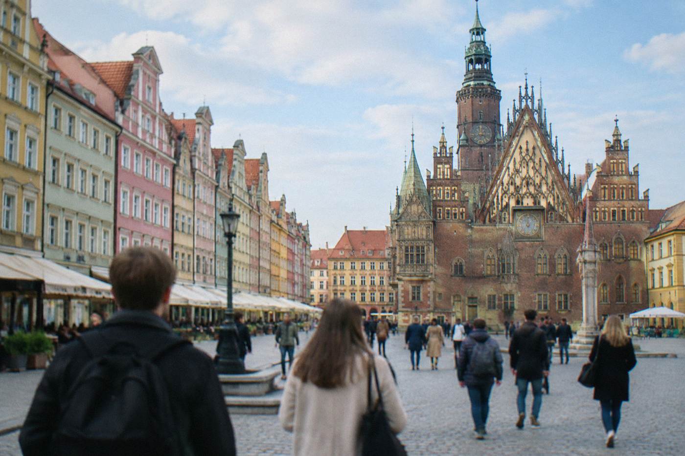 Market square in Wroclaw under a soft blue sky with pastel townhouses and the Gothic town hall