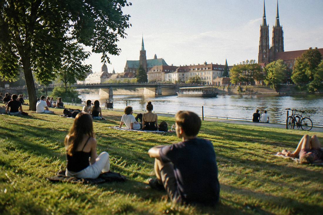 Sunlit riverside lawn on Slodowa Island in Wroclaw with people relaxing on the grass