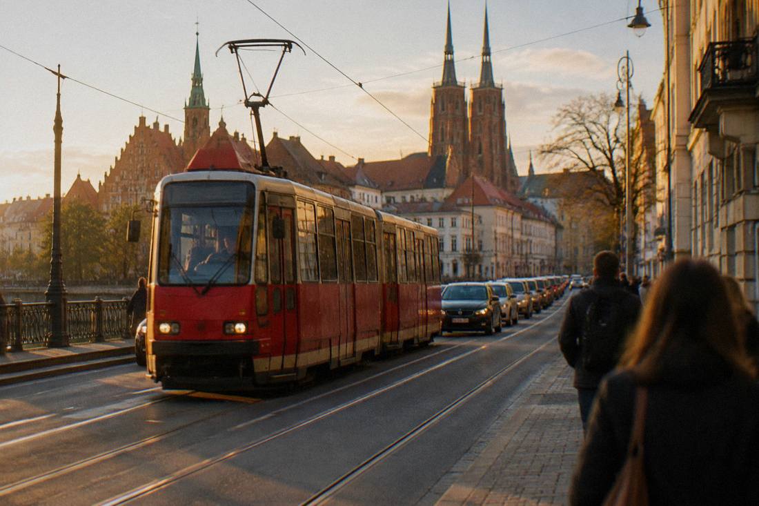 A red tram moving through a busy Wroclaw street with cars waiting behind it