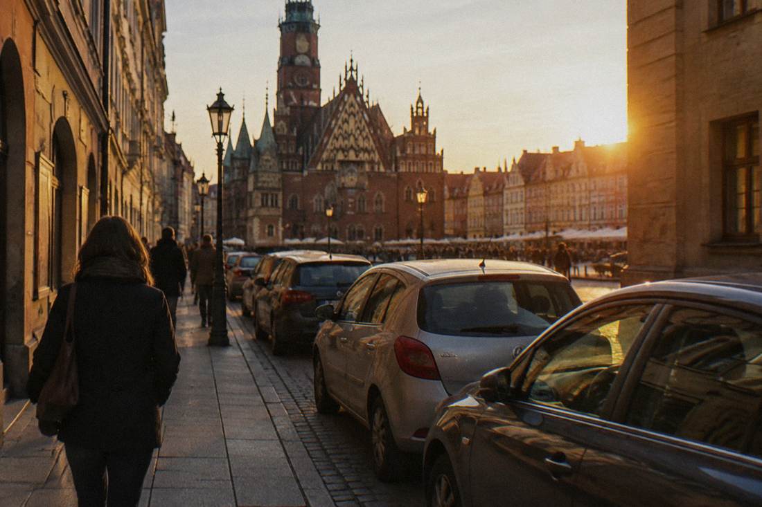 Cars parked along a narrow street near the Market Square in Wroclaw