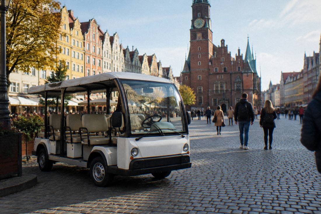 A small electric sightseeing vehicle parked on a cobbled square in Wroclaw's Old Town