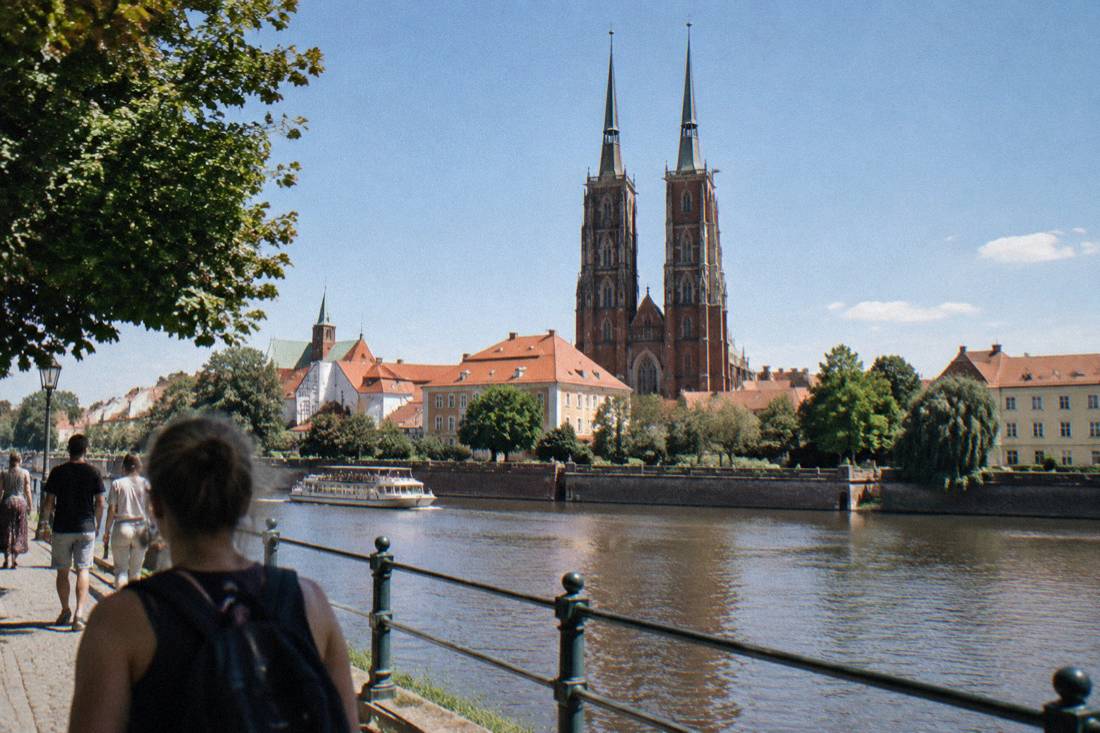 The twin gothic towers of Wroclaw's cathedral seen across the Odra river