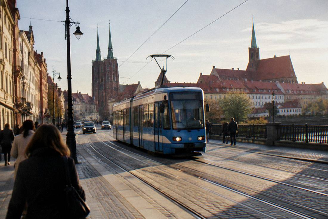 A tram moving along a Wroclaw street with the Old Town skyline behind it