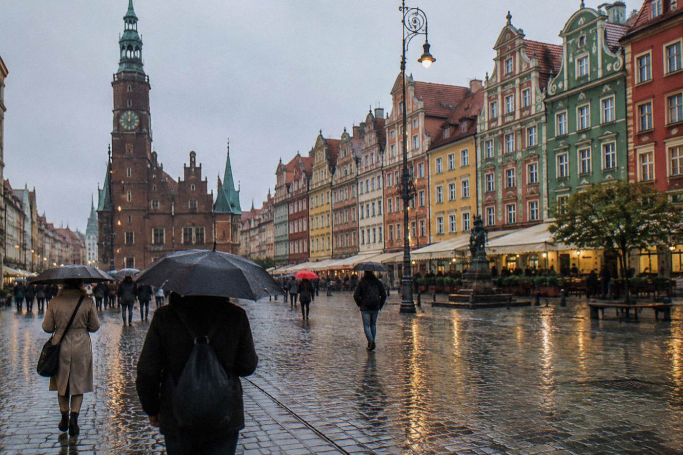 Rain falling on a historic market square with colorful townhouse facades and wet cobblestones reflecting the lights