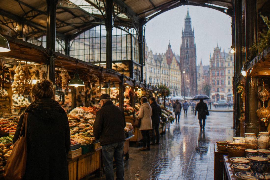 Visitors browsing under the roofed market halls of a European square while rain falls outside