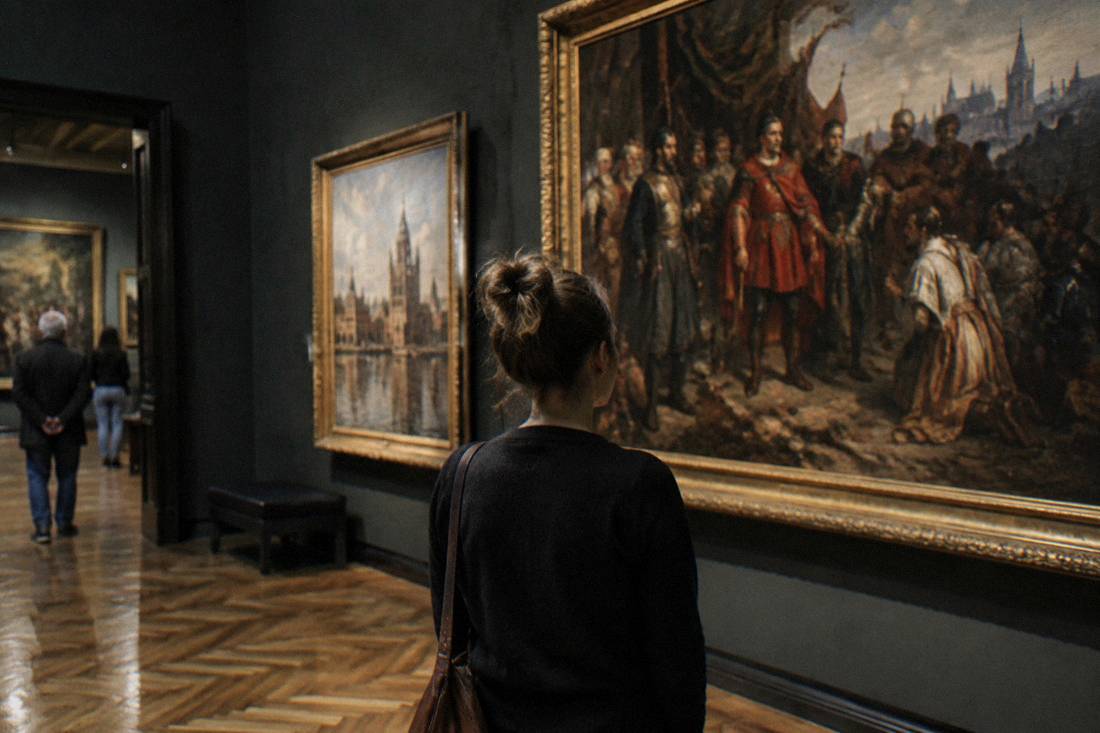 A visitor standing before large framed oil paintings in a dimly lit museum gallery