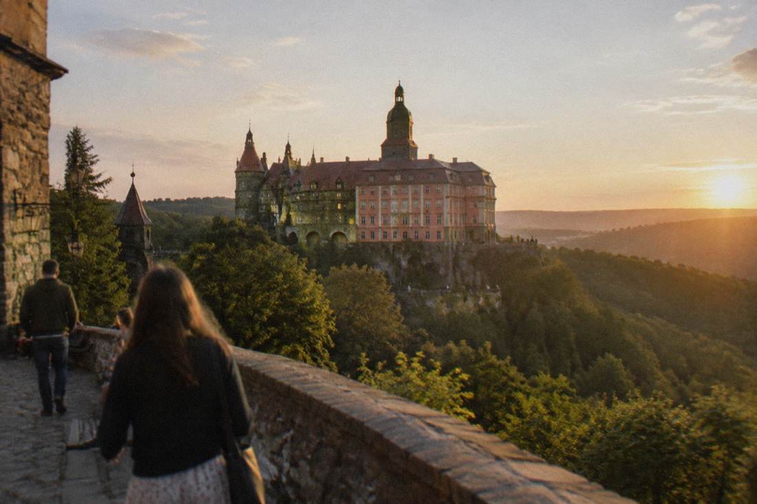 Large baroque Ksiaz Castle above forested hills near Walbrzych in Lower Silesia