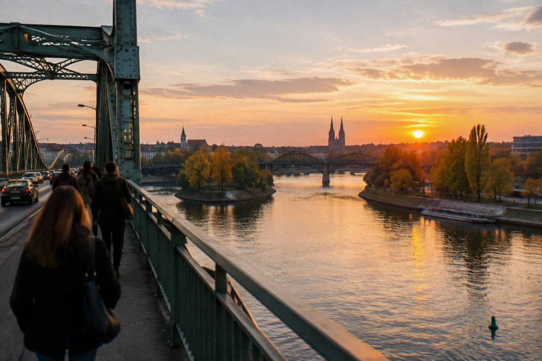 Sunset over the Odra river with Wroclaw's bridges and island riverbanks in view