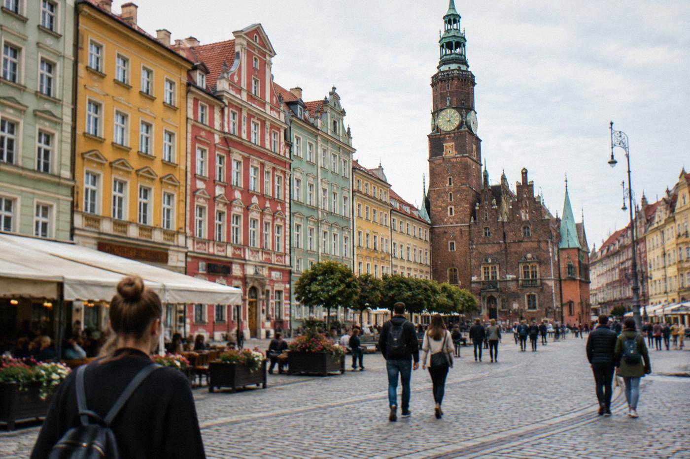 The colorful townhouses of Wroclaw Market Square on a bright morning