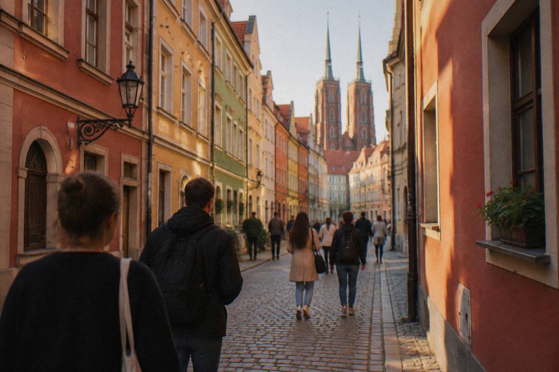 Visitors walking through a narrow lane of painted townhouses in Wroclaw Old Town