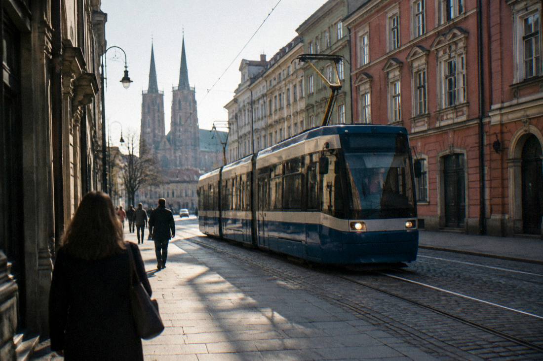 A tram moving along a street with old facades in Wroclaw