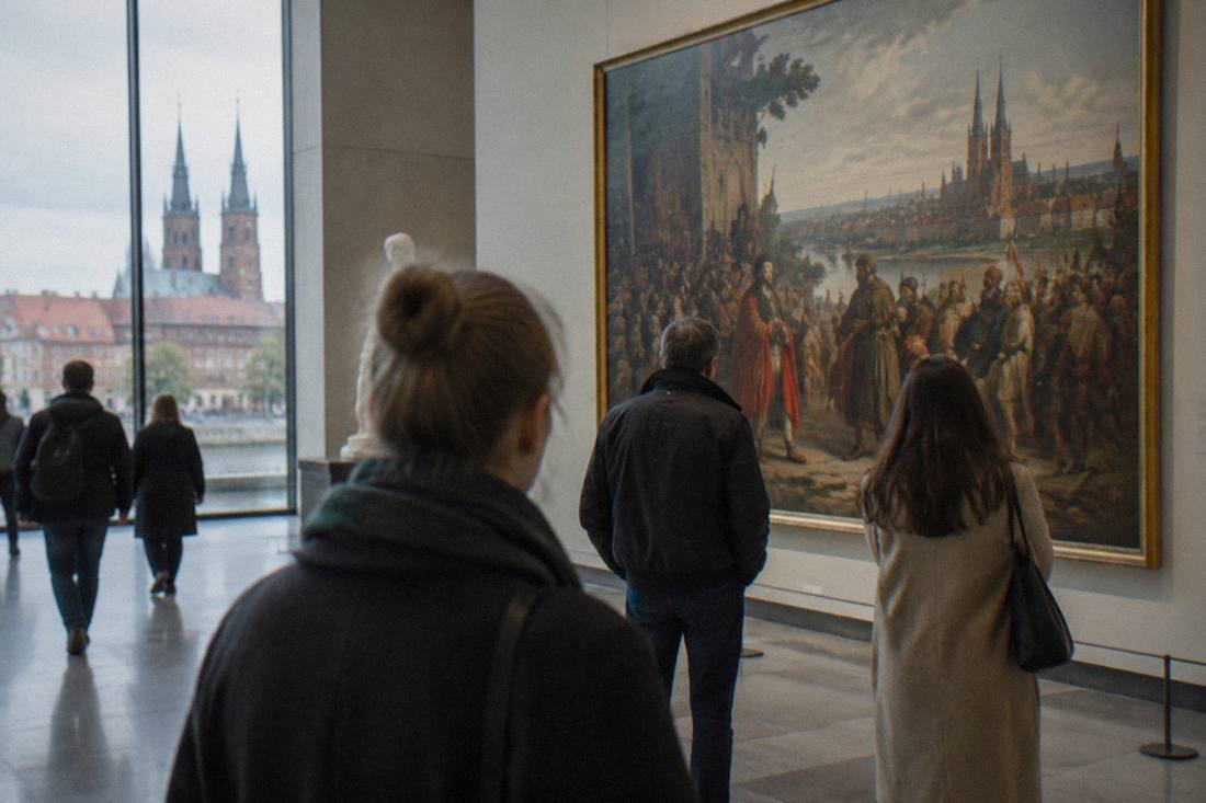 People looking at a large painted artwork inside a Wroclaw museum hall