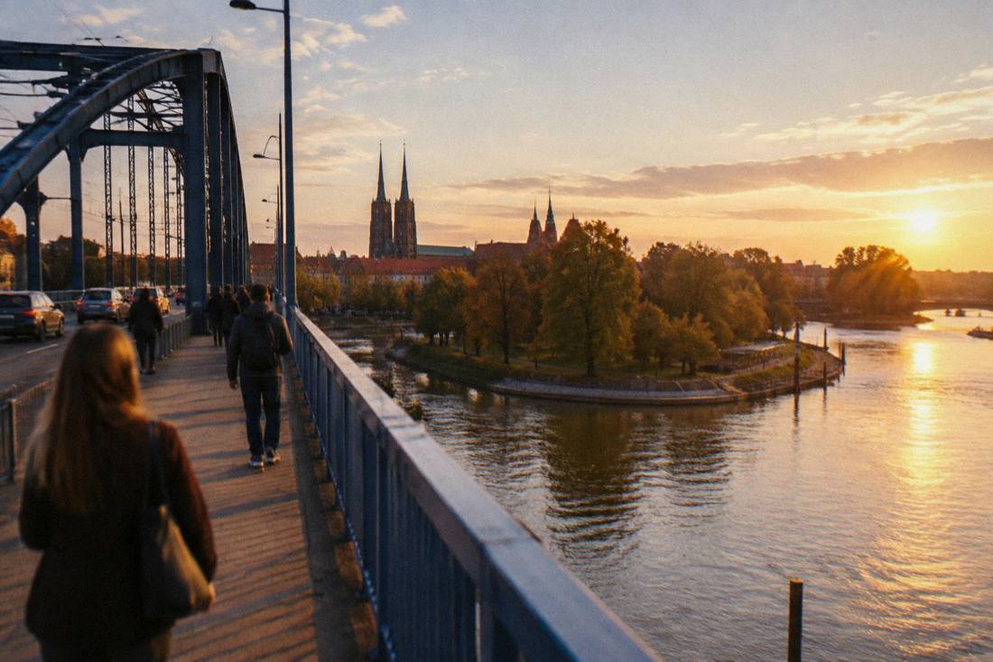 Golden evening light on a bridge over the Odra river in Wroclaw