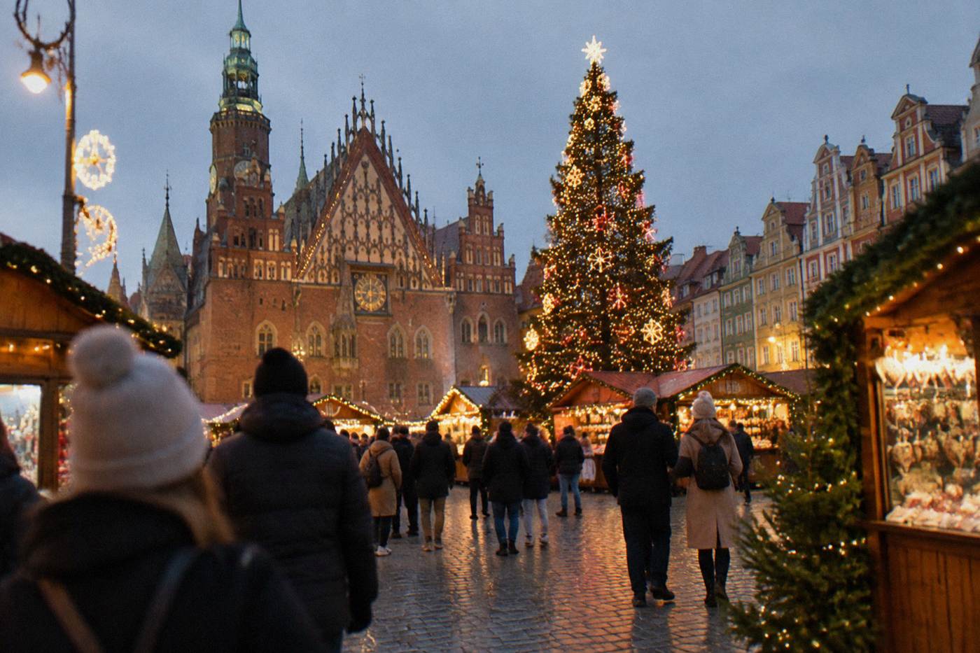 Festively lit old town square in Wroclaw with a decorated tree and wooden market stalls in the evening