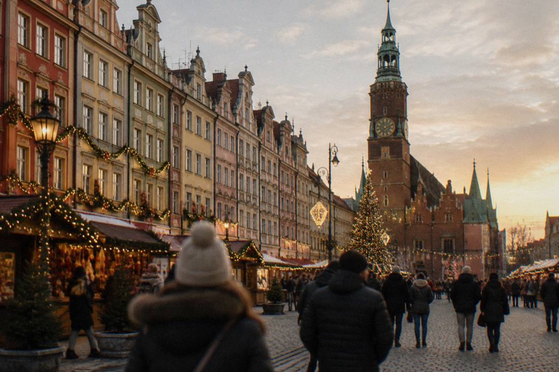 Ornate townhouses on the Wroclaw Market Square decorated with lights and garlands in winter