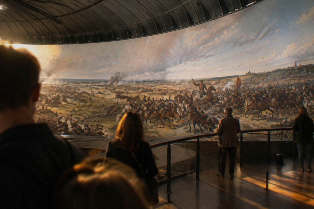 Interior of the Panorama Raclawicka rotunda in Wroclaw with a curved battle painting viewed from a platform