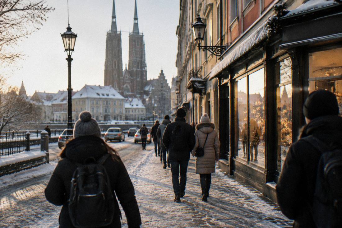 Bundled-up visitors walking a snowy Wroclaw street past illuminated shopfronts