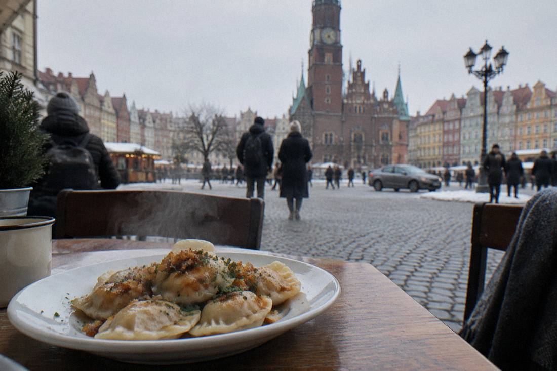 Steam rising from a plate of pierogi dumplings on a cafe table in Wroclaw in winter